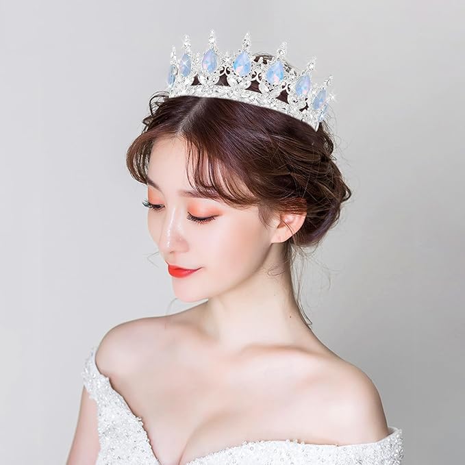 Queen Crown Rhinestone Wedding Crowns and Tiaras for Women Costume Party Hair Accessories Princess Birthday Crown Crystal Bridal Crown (Silver Fantasy Light Blue Crown)