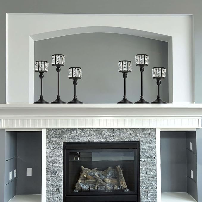 Crystal Tealight Candle Holders Set of 6 (9''/11''/13'') - Elegant Metal & Glass Centerpieces for Stunning Home Decor( Balck