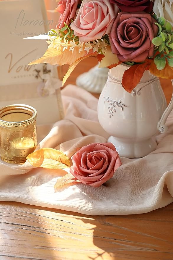 Floroom Artificial Flowers 25pcs Real Looking Burgundy Ombre Colors Foam Fake Roses with Stems for DIY Red Wedding Bouquets Bridal Shower Centerpieces Floral Arrangements Party Tables Home Decorations