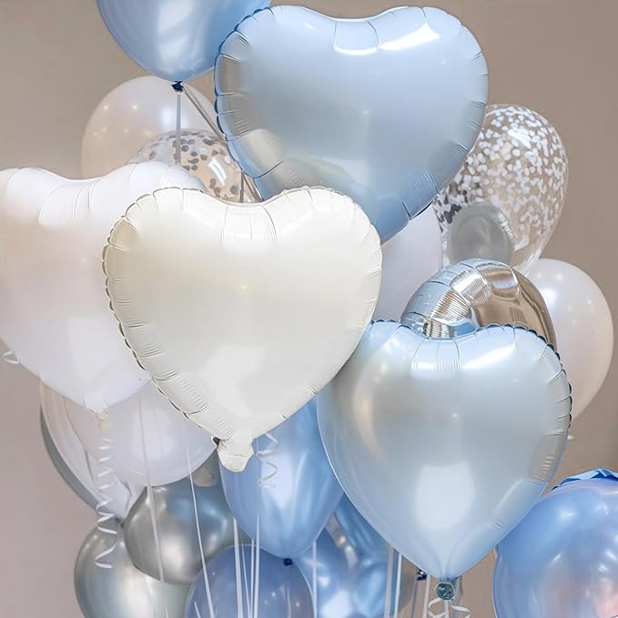 Baby Blue White Heart Balloons, 18 Inch Pastel Blue White Heart Shape Balloons, 12PCS Light Blue White Helium Foil Heart Balloon for Birthday Baby Shower Engagement Wedding Party Decorations