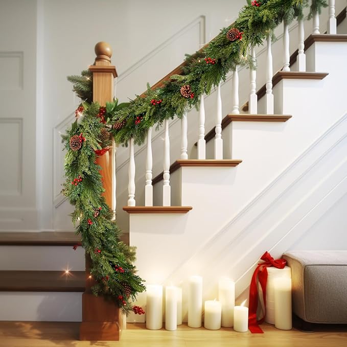 WBHome Real Touch Mixed Evergreen with Pinecones Foliage Prelit Garland, Winter Greenery Garland for Christmas Holiday Seasonal Outdoor/Indoor Home Decor Mantle, 6FT Long