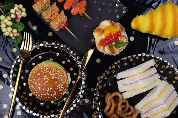 4 Pack Plastic Tablecloths for Rectangle Tables, Black and Gold Waterproof Disposable Party Table Cloths, Table Covers for Decorations, New Year Graduation Birthday Cocktail, 54" x 108"