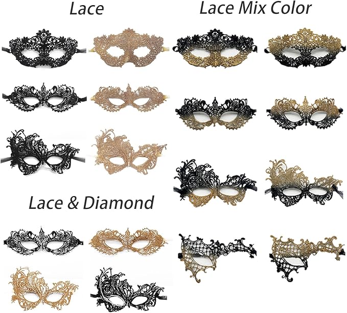 TFTSR Masquerade Masks for Women Couples & Men - Mardi Gras & Venetian Dress Mask in Black & Gold Adults Party Lace Costume