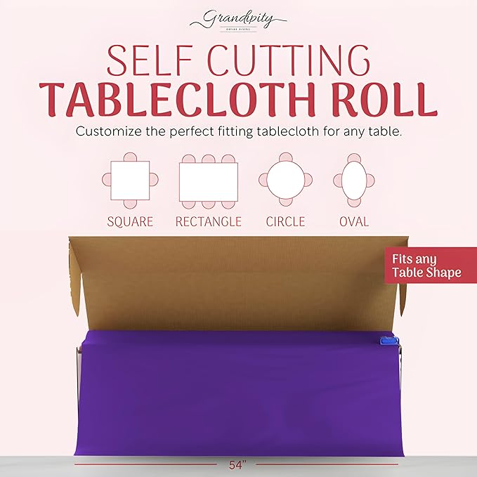 Grandipity Plastic Tablecloth Roll - 54in x 100 Ft. Purple Plastic Table Cloths for Parties Disposable with Cutter Box - Cut to Size Disposable Tablecloth Table Cover for Rectangle & Round