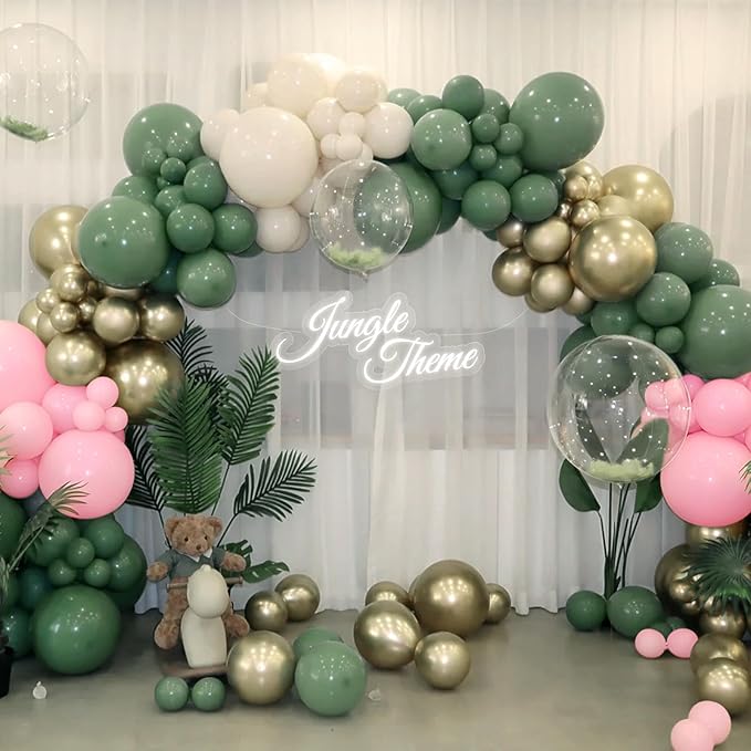 Sage Green Pink Balloon Arch Kit, 166Pcs Olive Green Blush Pink Metallic Gold White Sand Balloons Garland for Baby Shower Wedding Birthday Jungle Safari Woodland Party Decorations