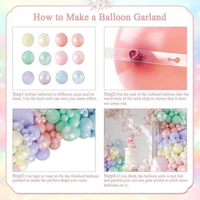 Pastel Rainbow Balloon Garland Arch Kit 126Pcs Double Stuffed Pearl Pink Blue Yellow Peach Purple Turquoise Clear Balloons for Birthday Party Baby Shower Gender Reveal Easter Spring Day Decorations