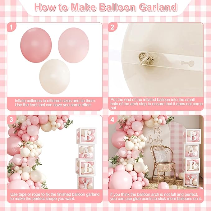 Pink Balloon Arch Garland Kit, 132Pcs Pink Baby Shower Decorations for Girl Baby Boxes with Letters for Boho Baby Shower Birthday Gender Reveal Party Wedding Decorations
