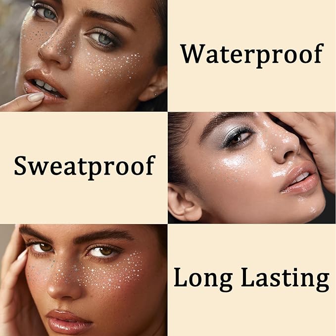 24PCS Sliver Glitter Freckles Tattoo, Sliver Freckles Temporary Face Tattoo, Sliver Star Freckle, Body Face Glitter for Women Girls, Waterproof Long-Lasting Party, Festival, Concert Makeup Accessories