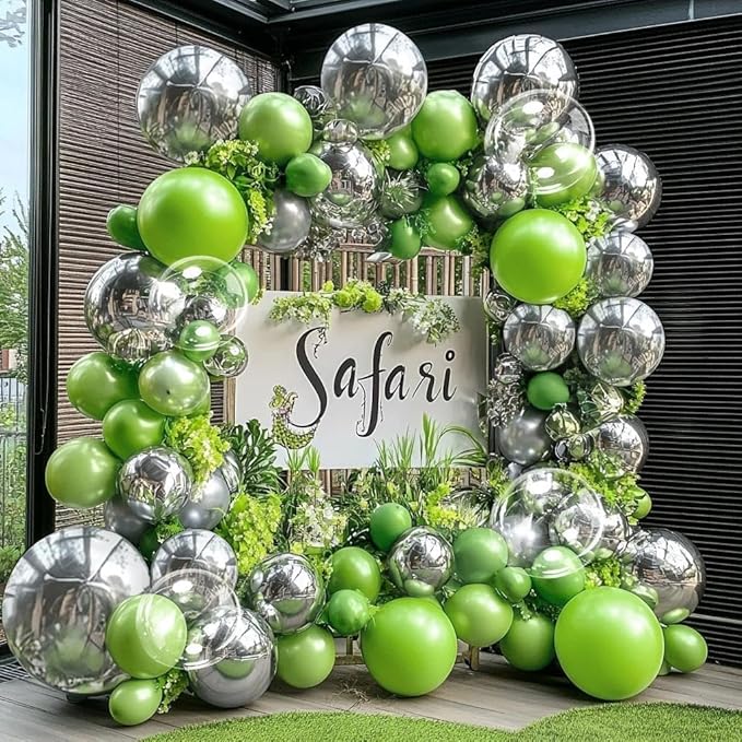 Green Silver Balloon Arch Double Stuffed Lime Green Metallic Sliver Balloon Garland Clear Bobo Balloons for Christmas Birthday Baby Shower Safari Jungle Graduation Party Decorations