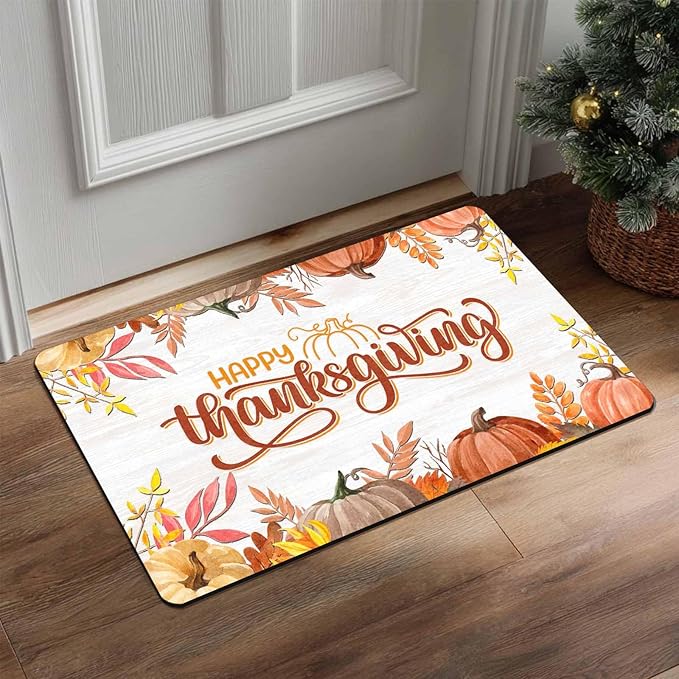 Fall Welcome Maple Leafs Decorative Door Mat, Autumn Thanksgiving Doormat for Indoor Outdoor Entrance Floor Mats,Fall Pumpkins Non Slip Harvest Vintage Decor Rubber Welcome Mats 16" x 24" Inch