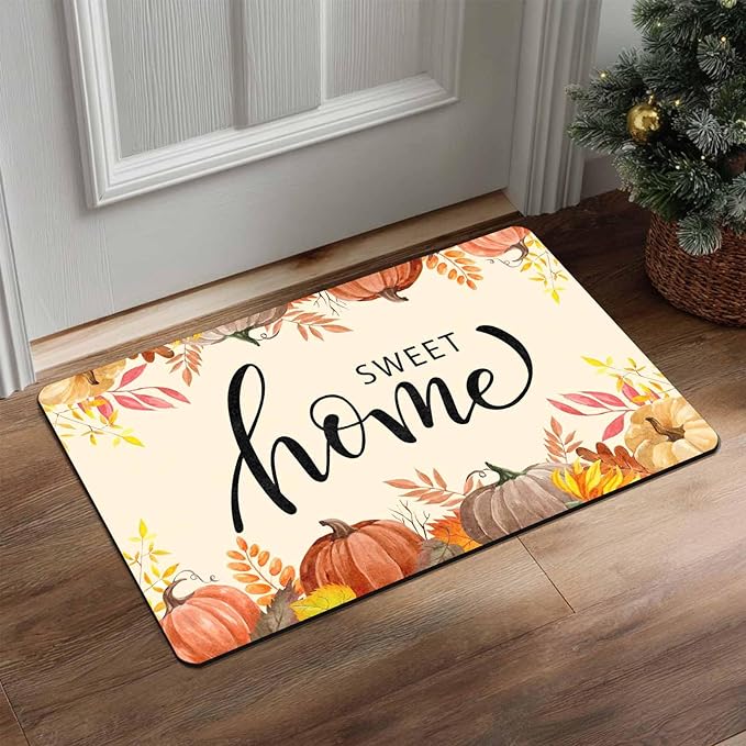 Fall Welcome Maple Leafs Decorative Door Mat, Autumn Thanksgiving Doormat for Indoor Outdoor Entrance Floor Mats,Fall Pumpkins Non Slip Harvest Vintage Decor Rubber Welcome Mats 16" x 24" Inch