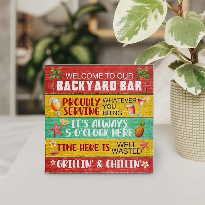 Backyard Bar Decor Bar Wood Block Sign Summer Decorations for Home Desk Table Shelf 5 x 5 Inches