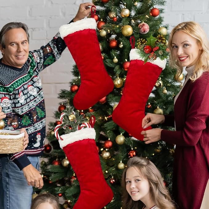 6 Pieces Large Christmas Stockings 20Inch Traditional Soft Classic Red Plush Xmas Stocking for Family Holiday Decorations Xmas Tree Fireplace Mantel Décor Merry Christmas(Red-Velvet-Large)