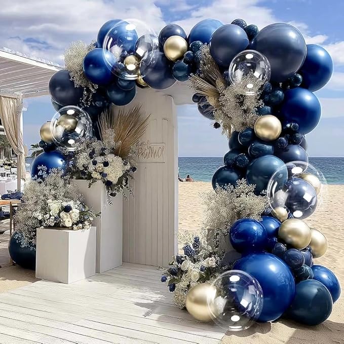 Royal Blue Gold Balloon Arch Double Stuffed Latex Bobo Pearl Gold Balloon Garland Navy Ruby Blue Balloons for Birthday Baby Shower New Year Wedding Prom Business Opening Party Decor