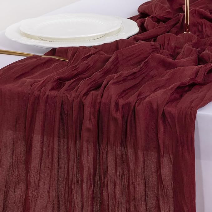 Socomi Burgundy Red Christmas Table Runner 10pcs Cheesecloth Boho Rustic Gauze 120 inch 10FT Cheese Cloth Runner for Wedding Party Baby Shower Birthday Home Decor Holiday Decorations