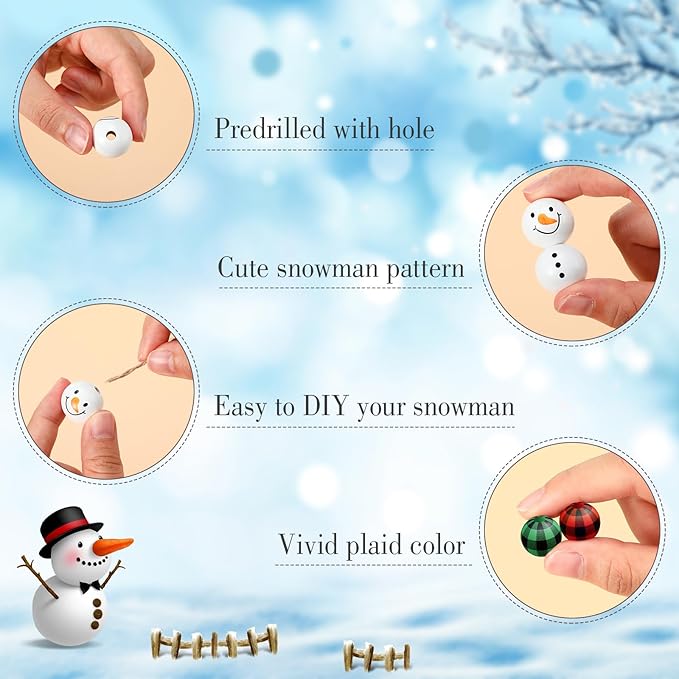 Landical 180 Piece DIY Christmas Snowman Wooden Bead Crafts Christmas DIY Ornaments Buffalo Plaid Wood Round Bead Xmas Print Wooden Beads with Twine Scarf for Crafts(Cute Color)