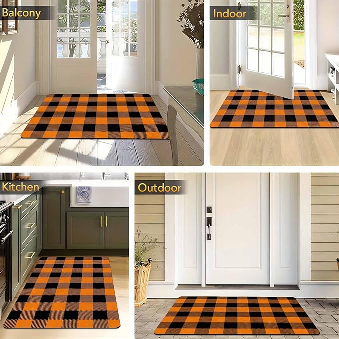 InterestPrint Fall Welcome Buffalo Plaid Door Mat Front Door Outdoor Doormat Outside Entrance Porch Non Slip Rubber Rug Autumn Halloween Thanksgiving Farmhouse Decor, 30"x18"inch