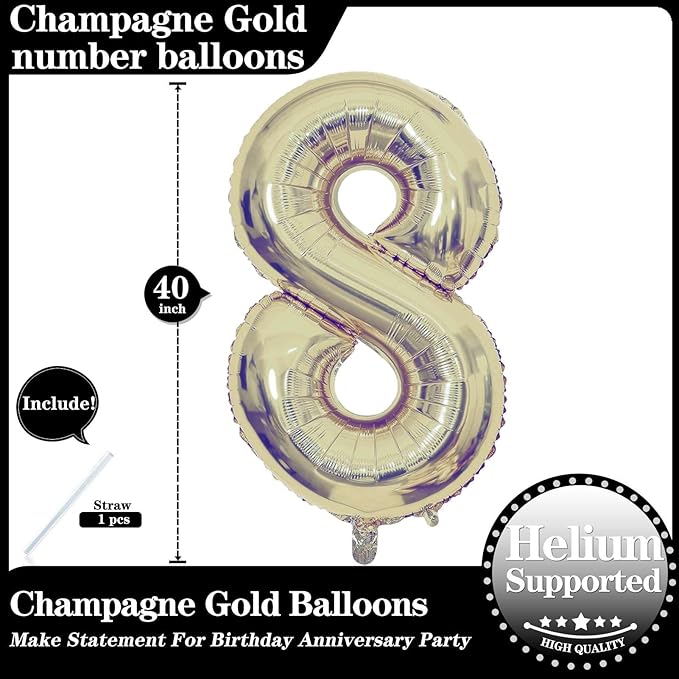 Champagne Gold 8 Number Balloons, 40 Inch Giant Number 8 Balloons Foil Mylar Helium Light Gold Number Balloons for 8th Birthday Party Supplies Anniversary Event Celebration Decorations