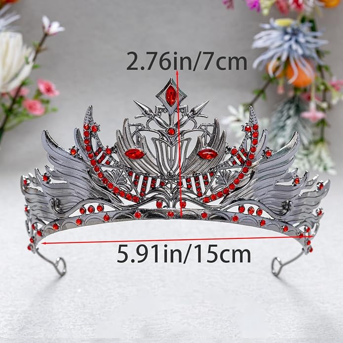 Gothic Red Crystal Flame Wing Tiara Crown for Women Girls, Halloween Cosplay Dark Queen Headpiece, Vintage Rhinestone Headband for Masquerade Party Wedding Prom Stage Accessories