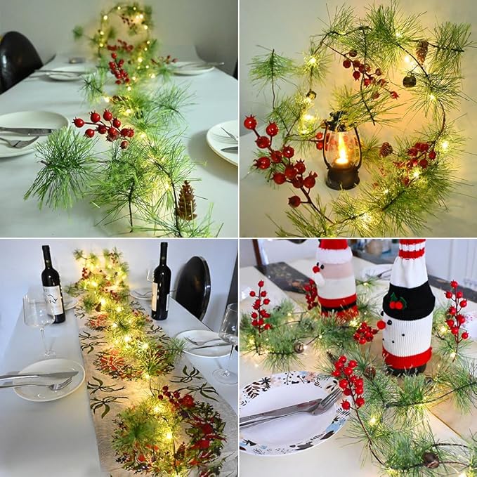 Christmas Garland Lights 9.84 FT Smokey Pine Garland with 40 LED Fairy Lights Battery Operated Red Berries Bells Pine Cones Garland Wreath for Christmas Tree Door Mantle Indoor Outdoor Home Decoration