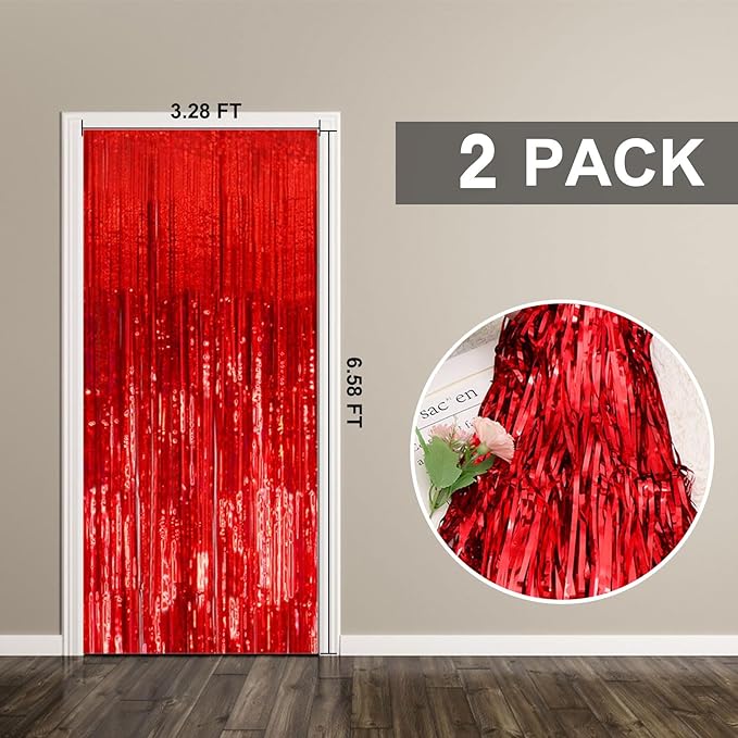 2 Pack Foil Curtain Backdrop Red Metallic Tinsel Foil Fringe Curtains Photo Booth Props for Birthday Wedding Engagement Baby Shower Bachelorette Christmas Holiday Celebration Party Decorations