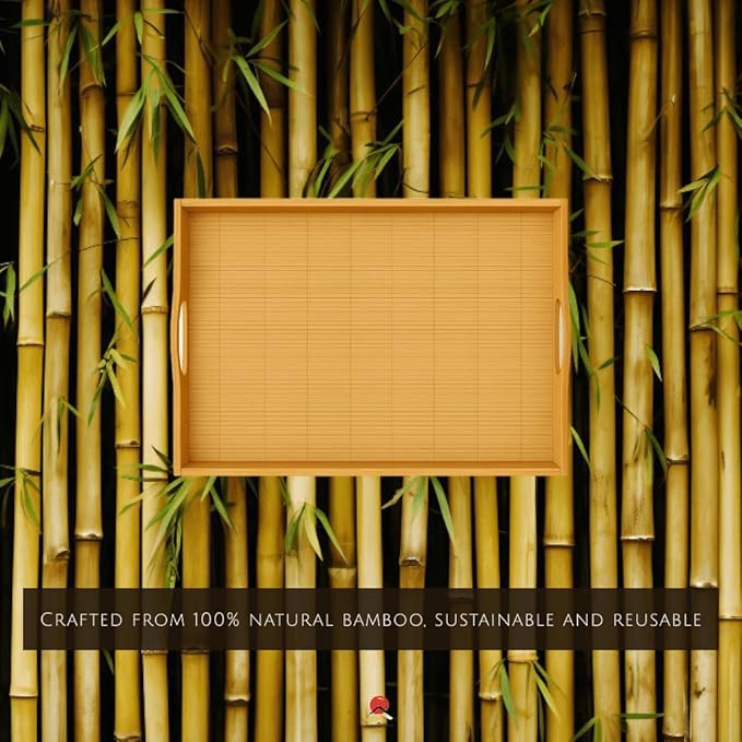 JapanBargain 4099, 2-Pack Large Bamboo Serving Trays with Handles, 20 x 13 Inch Wooden Tea Tray for Lunch Dinner Coffee Snacks Butler Shelf Display