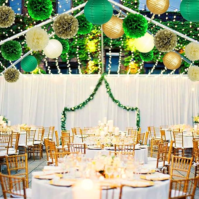 Green Gold Party Decorations, Hanging Paper Lanterns and Pom Poms Flowers for Woodland Baby Shower Graduation Green Birthday Party Decor 15PCS