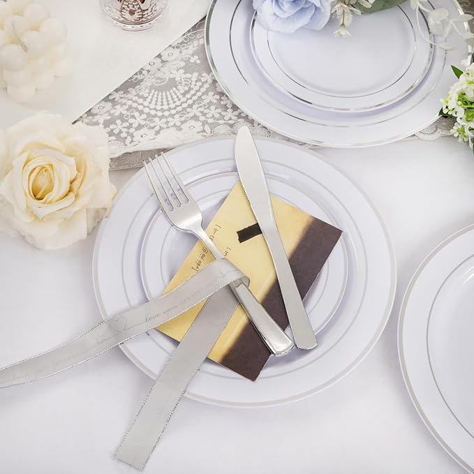 GATHER 350PCS Silver Plastic Plates - White and Silver Disposable Plates for 50 Guests Includes 50 Dinner Plates 50 Dessert Plate 50 Napkins 150 Silvery Cutlery and 50 Cups for Wedding & Party