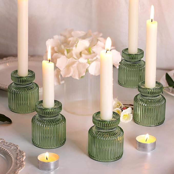 DARJEN 6 Pcs Green Candlestick Holders - Glass Taper Candle Holders Tealight Votive Candle Holders for Table Centerpieces, Wedding, Dinner Party, Home, Gifts