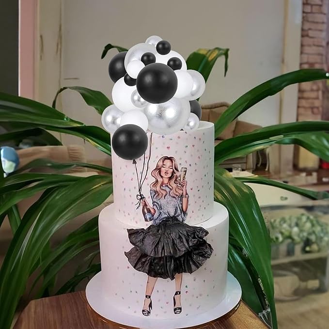 Gyufise 30Pcs Balls Cake Toppers Ball Picks Ball Shaped Cupcake Toppers Foam Balls Cake Topper Mini Balloons Cake Decorations for Wedding Baby Shower Birthday Party Supplies Black White Silver