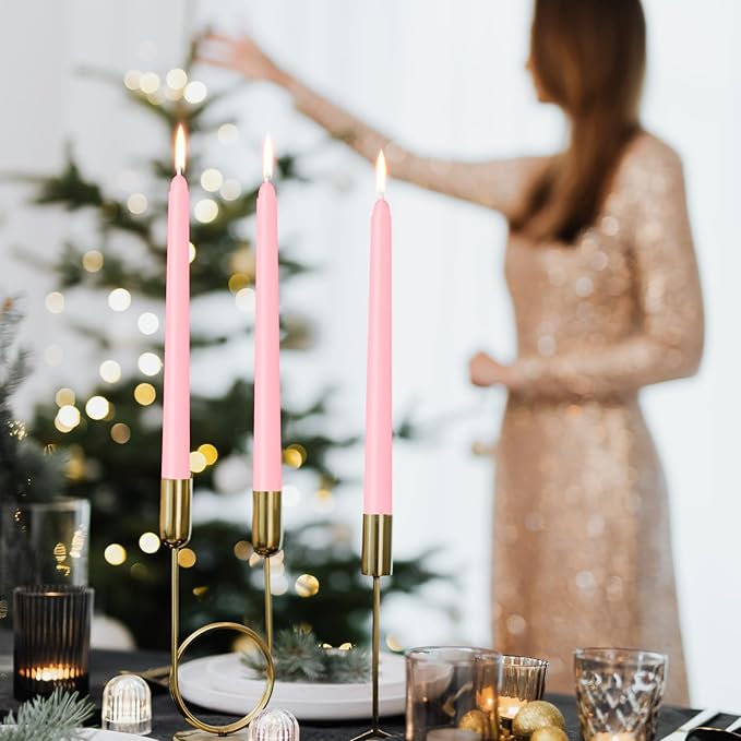 12 Pack Pink Taper Candles - Taper Candles 10 Inch Dripless, Smokeless & Unscented - 8 Hours Long Burning - Ideal for Weddings, Dinner Parties, and Home Decor