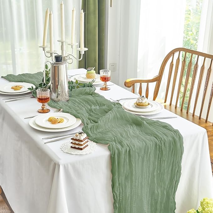IVAPUPU 1 Pcs Cheesecloth Table Runner - 10ft Sage Green Boho Gauze Cheese Cloth Table Runners for Baby Shower Decoration Wedding Party Summer Garden Farmhouse