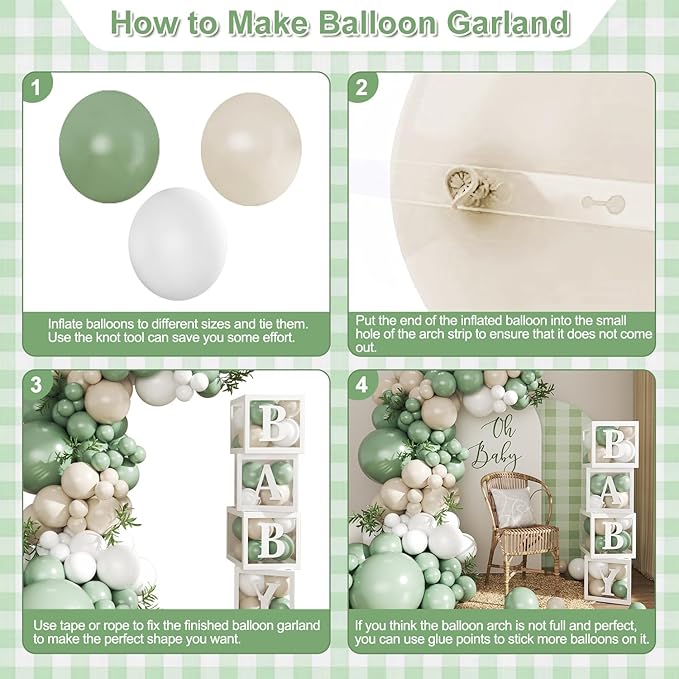 Sage Green White Balloon Baby Shower Decorations, 132Pcs Sage Green Balloon Arch Garland Kit Baby Box with Letters for Boy Girl Boho Baby Shower Gender Reveal Birthday Party Decorations