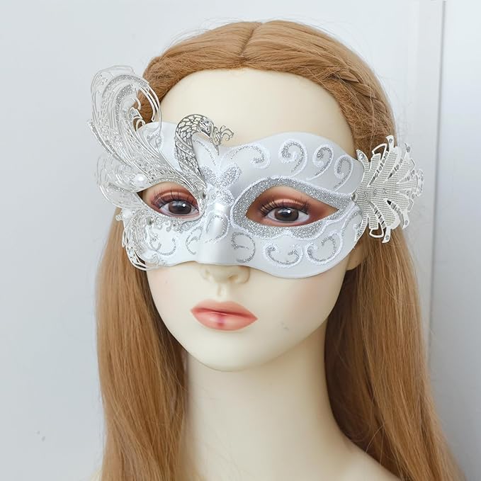 2025 New White Masquerade Mask for Women-Peacock Metal Masquerade Venetian Mask Silver- Masks for Women Butterfly - Mardi Gras, Halloween Parties, Costume Party, Carnivals, Wedding