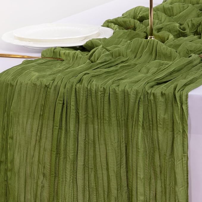 Socomi 3pcs Olive Green Fall Thanksgiving Cheesecloth Table Runner Boho Rustic Gauze 120 inch 10FT Cheese Cloth Runner for Wedding Party Baby Shower Birthday Home Decor Holiday Decorations