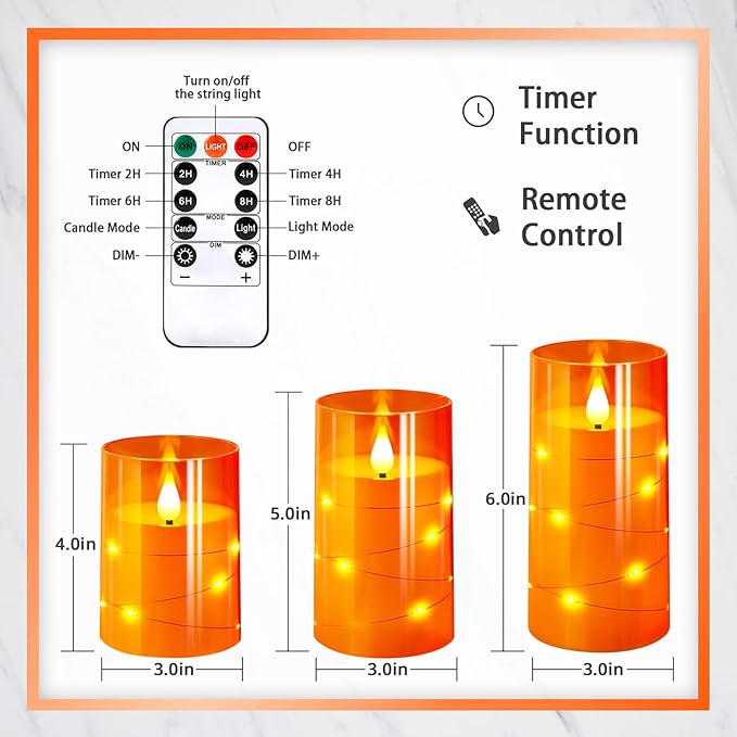 NURADA Flameless Candles with Remote Timers: Built-in Star String Lights 3D Wick Battery Operated Flickering LED Electric Candles for Halloween Thanksgiving Dinner Tables Fall Home Decor Orange 3 Pack