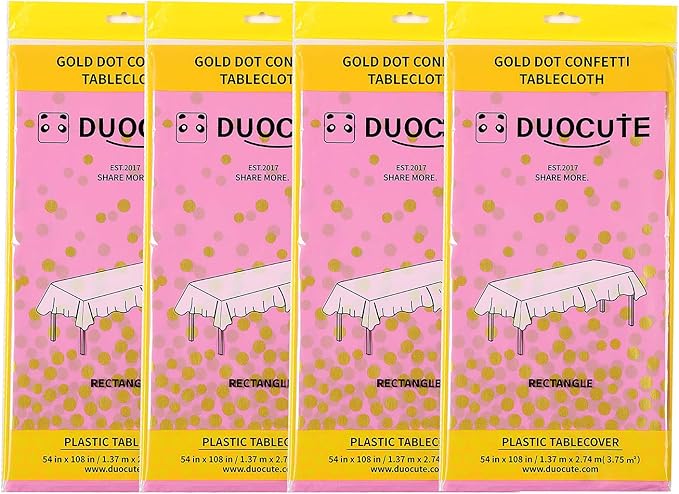 108"x54" 4 Packs Pink and Gold Disposable Party Tablecloth for Rectangle Table, Gold Stamping Dot Confetti Rectangular Plastic Table Cover, for Bachelorette, Girl Birthday and Baby Shower, Wedding