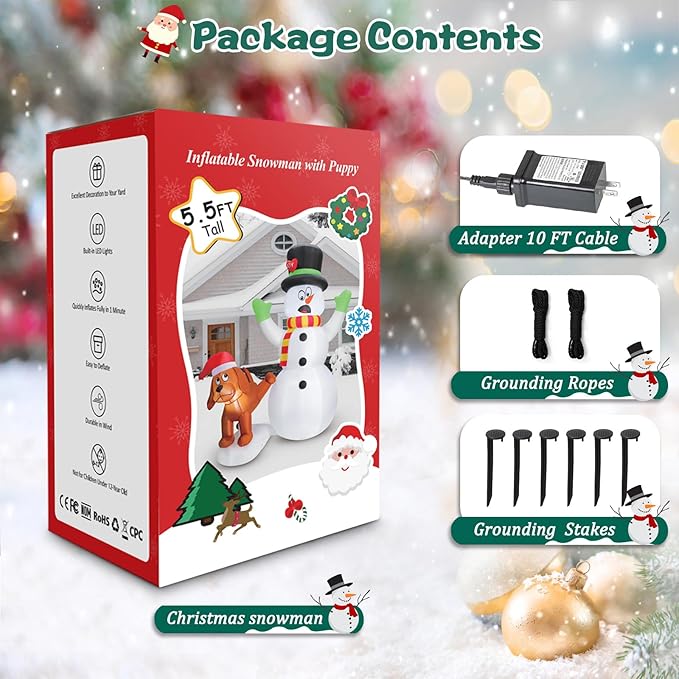 FunFanso 5.5 FT Inflatable Snowman with Puppy Dog, Christmas Outdoor Yard Decoration, Blow Up Shocked Snowman with Peeing Doggie, Built-in LED Lights, Xmas Fun Gift, Patio Lawn Garden Home Party Decor