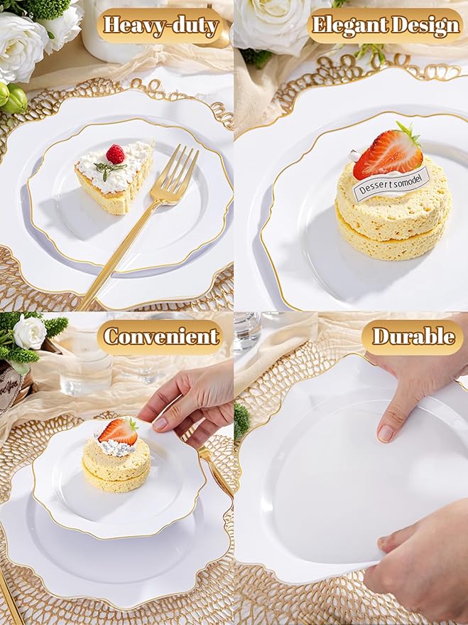 WDF 350PCS White and Gold Plastic Plates - Gold Plates Disposable 50Guest Plastic Dinnerware Ideal for Party/Wedding/Birthday/Thanksgiving