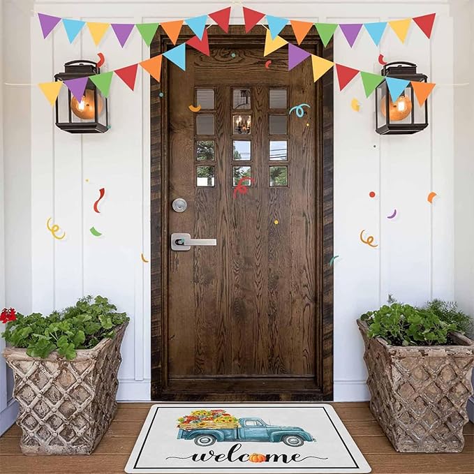 Happy-Thanksgiving Welcome Door Mat, Fall Truck Harvest Pumpkin Doormat for Front Door Outdoor Outside Entrance Porch Non Slip Rubber Rug Autumn Thanksgiving Farmhouse Decor, 30"x18"inch