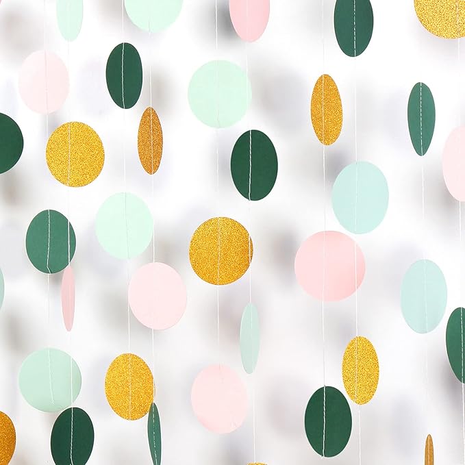Sage-Green Pink Gold Paper Garland - 52Ft Glitter Paper Hanging Decoration Streamer Banner,Baby Bridal Shower Safari Birthday Tropical Party Decorations Jungle Theme Wedding Bunting Lasting Surprise