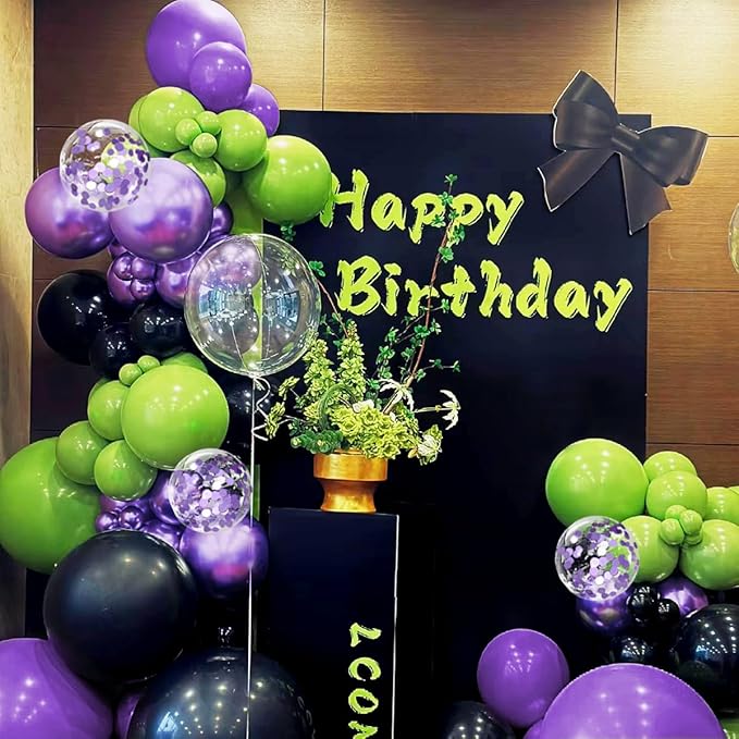Purple Green Black Balloon Garland Arch Kit, 156 Matte Black Metallic Purple Lime Green Balloons for Wedding Anniversary Hero Birthday Video Game Graduation Racing Car Party Decoration