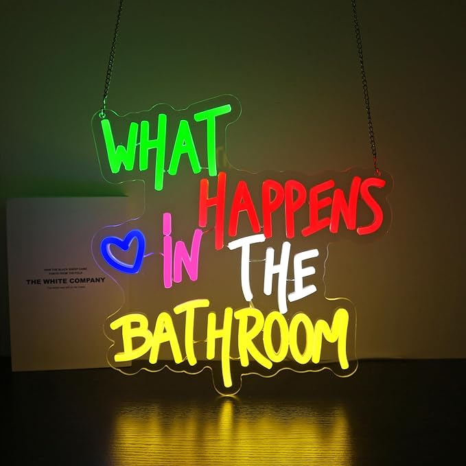 Neon Sign - HSJNJKFU What Happens in the Bathroom Neon Signs for Wall Decor Led Light Sign for Man Cave Bathroom Room Home Beer Bar Sign - USB Powered