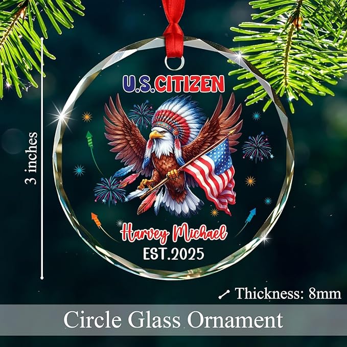 U.S. Citizen Eagle Glass Ornament Gift for Congratulations US Citizenship, Personalized New American Citizen Xmas Ornament 2025, Custom Citizens Decor Ornaments Gift for Immigrants Naturalization