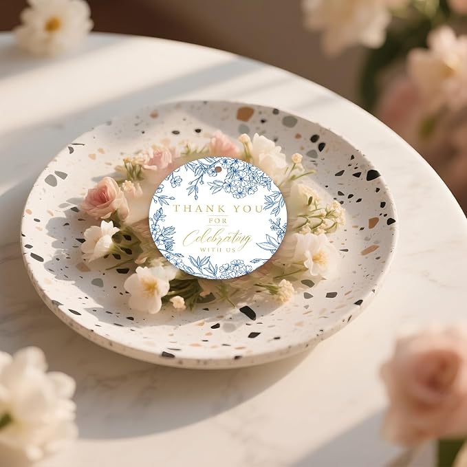 50PCS Thank You Gift Tags, 2x2 inch Blue Floral Personalized Gift Tags with String for Wedding Birthdays Party Favors Baby Shower Bridal Shower