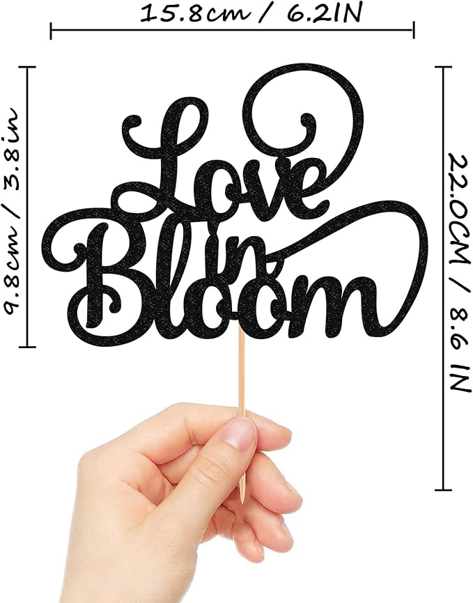 Love in Bloom Cake Topper - Glitter Black Bridal Shower Cake Decoration, Wedding & Engagement Cake Pick (Black)