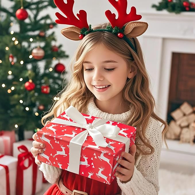 WRAPAHOLIC Reversible Red Christmas Wrapping Paper - Mini Roll - 17 Inch x 33 Feet - Reindeer Wrapping Paper and Solid Red Design with Metallic Foil Shine for Christmas, Holiday, Party