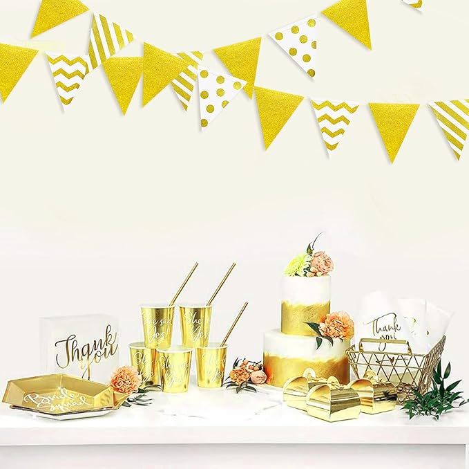 39Ft White and Gold Party Decorations Polka Dot Stripe Triangle Pennant Banner Glitter Foil Paper Flag Bunting Garland for Birthday Graduation Anniversary Wedding Bridal Baby Shower Hen Party Supplies