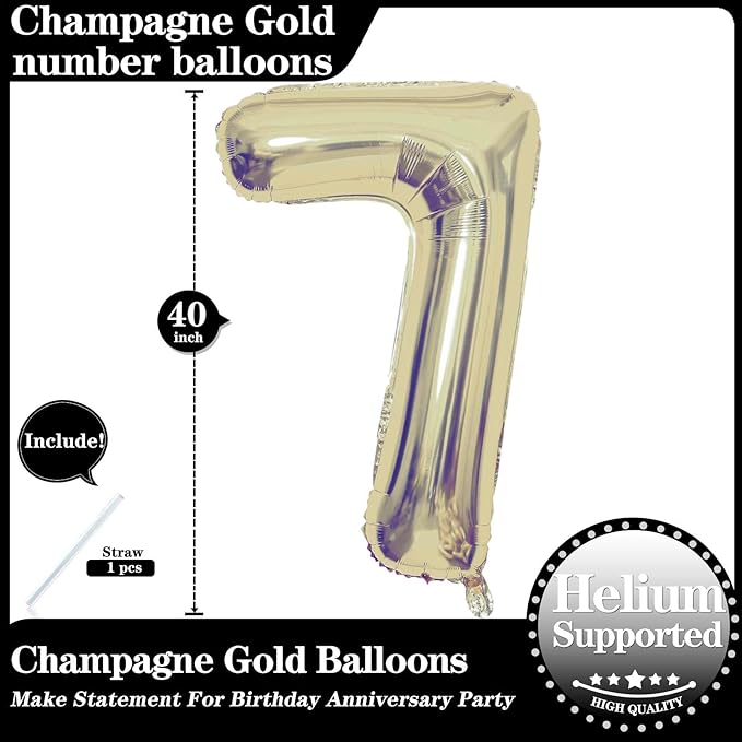 Champagne Gold 7 Number Balloons, 40 Inch Giant Number 7 Balloons Foil Mylar Helium Light Gold Number Balloons for 7th Birthday Party Supplies Anniversary Event Celebration Decorations