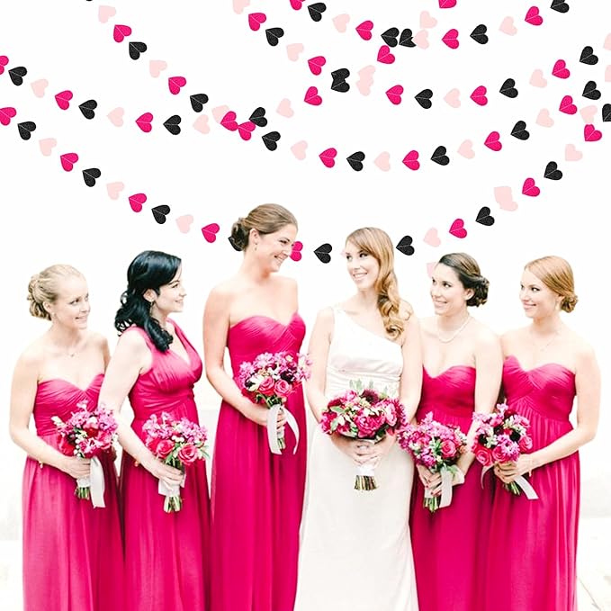 Hot-Pink Black Birthday Party-Decorations Streamers - 62FT Baby Girls Hanging Heart Garland Banner,Wedding Baby Bridal Shower Bachelorette Graduation Backdrop Decor Hugtmr